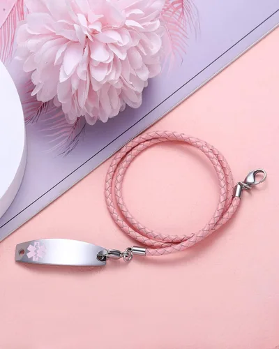 Vista 4 de Pulseras de alerta médica con grabado gratuito para mujeres y hombres con cuerda de cuero Rolo Pulsera de repuesto intercambiable Etiqueta