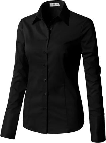 Vista 2 de Doublju - Camisas para mujer, elásticas de ajuste entallado, de algodón con botones, talla grande