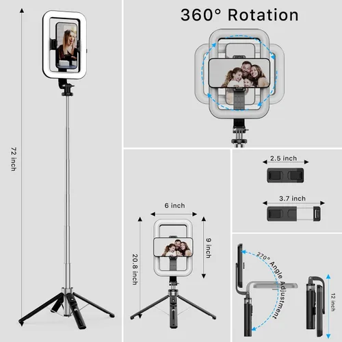Vista 8 de M MYBAT PRO Luz selfie de 9 pulgadas para exteriores – Soporte de trípode extensible de 72 pulgadas con base de 4 patas, luces LED regulables