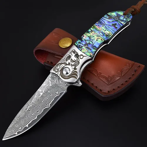 Vista 14 de Cuchillo de bolsillo de Damasco AUBEY con clip, cuchillos plegables con hoja de acero Damasco VG10, mango de madera, cuchillos EDC plegables