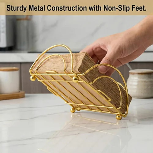 Vista 6 de Flat Napkin Holder for Table with Weighted Arm - Square Metal Napkin Dispenser for Kitchen Dining, Modern Cocktail Napkin Holders - Iron (Black)