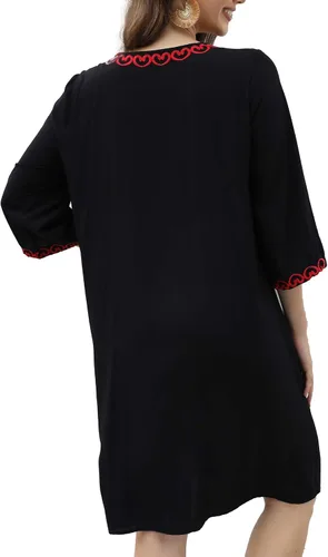Vista 4 de Vestido bordado mexicano para mujer, vestidos bordados florales para mujer, estilo bohemio, campesino, manga 34, vestido de fiesta, falda casual