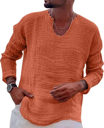 Vista 5 de Camisas casuales de lino para hombre, de manga larga, cuello en V, a la moda, playa, vacaciones, sueltas, lisas, ligeras, básicas