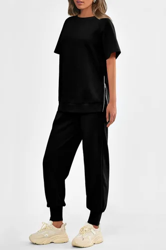Vista 4 de PRETTYGARDEN Conjunto de 2 piezas de verano para mujer, conjunto deportivo casual de manga corta, pantalones deportivos de cintura alta