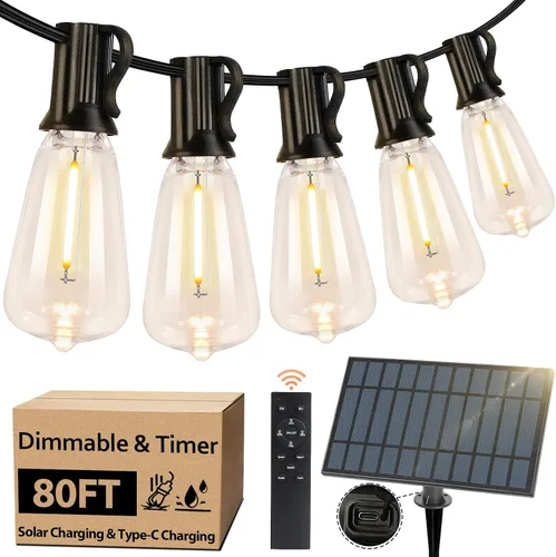 Vista 13 de 100 pies de luces de cadena solar para exteriores con control remoto, luces LED recargables por USB para patio con 52 bombillas ST38 Edison