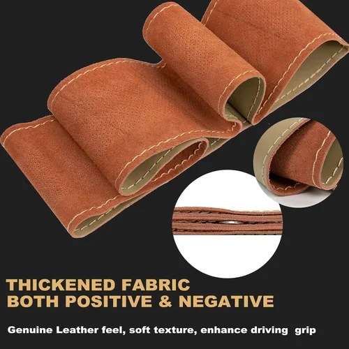 Vista 2 de AUTOXBERT Funda de volante de 38cm/15 pulgadas de piel auténtica para coser a mano, estilo DIY, con hilo y agujas, se ajusta para VW Ford Nissan Kia