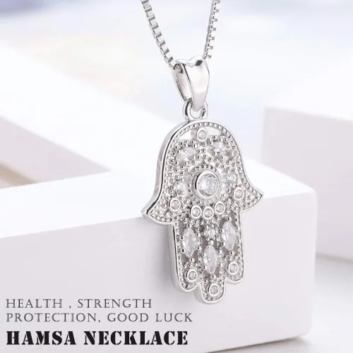 Vista 108 de Aniu Joyería de plata de ley 925 Hamsa de Fátima para mujer con circonita cúbica, viene con caja de regalo negra