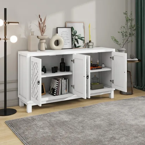 Vista 5 de Aparador de gran espacio de almacenamiento con asas de anillo de tracción y estantes ajustables, gabinete de buffet de 4 puertas versátil para sala