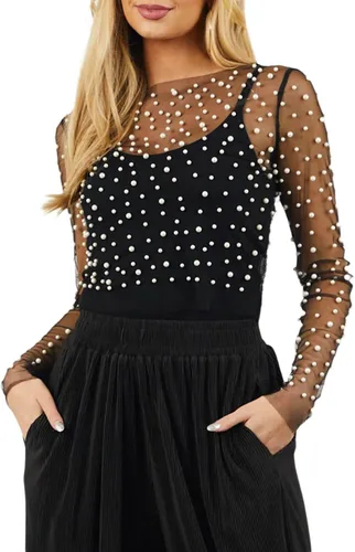 Vista 2 de Top sexy de malla transparente con perlas para mujer, top transparente de manga larga con diamantes de imitación