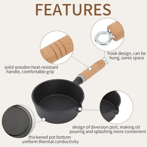 Vista 3 de Mini Sartén para Huevos, Sartén de Hierro Fundido para Tortillas con Mango de Madera, Mini Sartén Pre-Sazonada, Sartén Antiadherente de Hierro