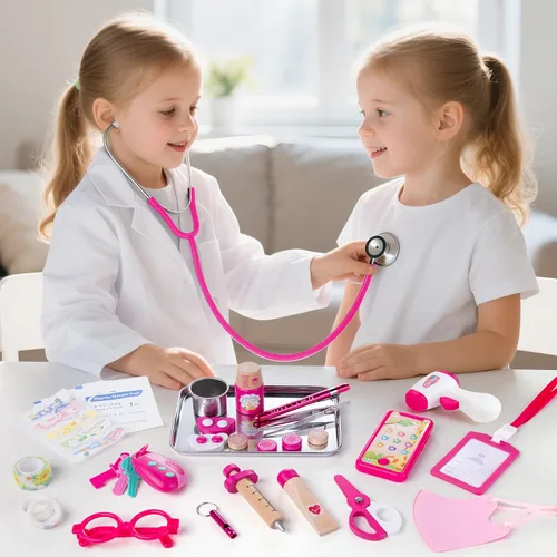 Vista 6 de Sundaymot Kit de Doctor para Niñas, 34 piezas juego de simulación, kit de Doctor para niños pequeños de 3 a 5 años, con bolsa médica, estetoscopio