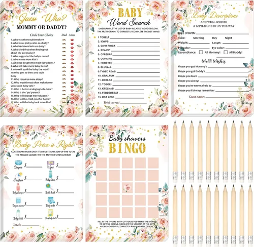 Vista 33 de Yinder 145 tarjetas de actividades para juegos de baby shower con 20 lápices, incluye descripción de bingo para bebés y deseos, adivina quién es