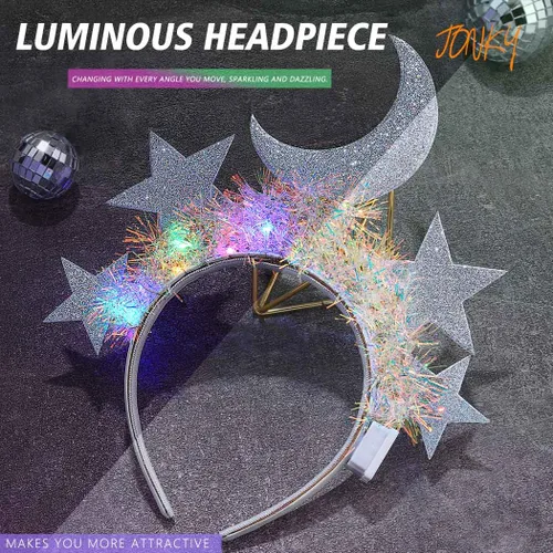 Vista 3 de JONKY Diadema de estrellas iluminadas, diadema de luna y estrellas, diadema celestial brillante, disfraz de oropel, accesorios para el cabello