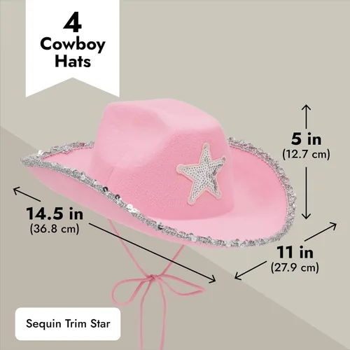 Vista 3 de Zodaca Paquete de 4 sombreros de vaquera, fieltro rosa claro, adulto, 14.5 x 11.5 x 5 pulgadas, juego de 4 sombreros de vaquero rosa para mujer