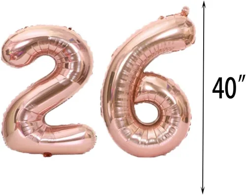 Vista 2 de Decoraciones de cumpleaños número 26, suministros de fiesta, globos de oro rosa del número 26, globos de Mylar 26, cortinas de flecos de papel