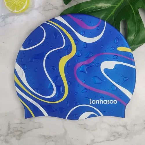 Vista 2 de Gorro de natación de silicona para mujer, gorras de natación impermeables de pelo largo con rayas de color impresas