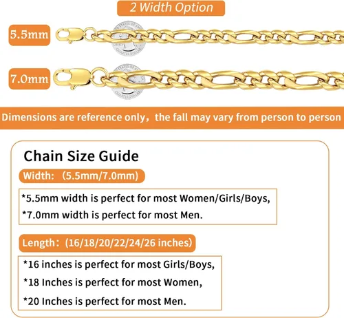Vista 4 de Jewlpire Silver Chain Gold Chain for Men Boys, 14k Gold Plated Men's Necklaces Figaro Chain 5.5mm7mm Mens Chain 161820222426 inch