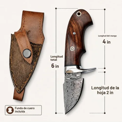 Vista 2 de Cuchillo de Desollar para Cuello de Acero de Damasco Hecho a Mano de 6", Mango de Palisandro con Protector de Acero y Funda de Cuero, Mejor Regalo