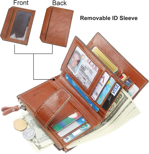 Vista 2 de Lavemi Cartera pequeña y compacta para mujer con bloqueo RFID monedero plegable de cuero genuino con ventanas de identificación