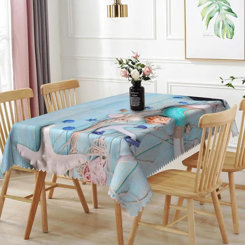 Vista 23 de Mantel oblongo, diseño de playa de 52 x 70 pulgadas, diseño de playa con estrellas de mar y olas de mar, con decoración impermeable y resistente a