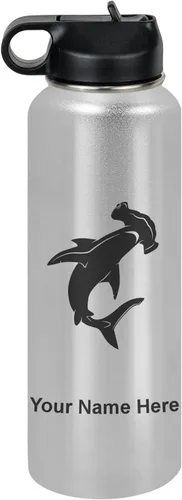 Vista 14 de LaserGram Botella de agua personalizada, tiburón martillo, acero inoxidable de doble pared aislada al vacío con popote superior, regalo grabado