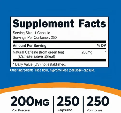 Vista 2 de Nutricost Cafeína Natural 200 mg, 250 Cápsulas Vegetarianas, Sin Gluten