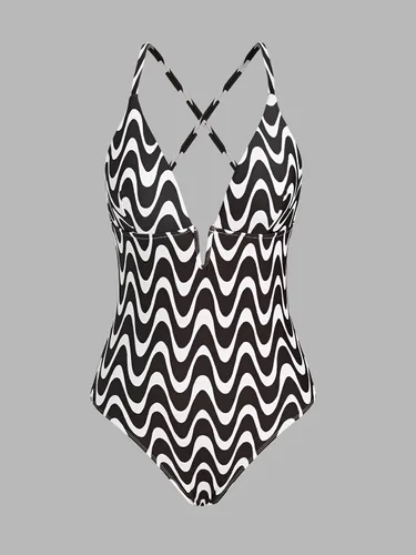Vista 6 de CUPSHE Traje de baño de una pieza para mujer, cuello en V profundo, espalda entrecruzada con tirantes delgados ajustables Beige/Negro Wave