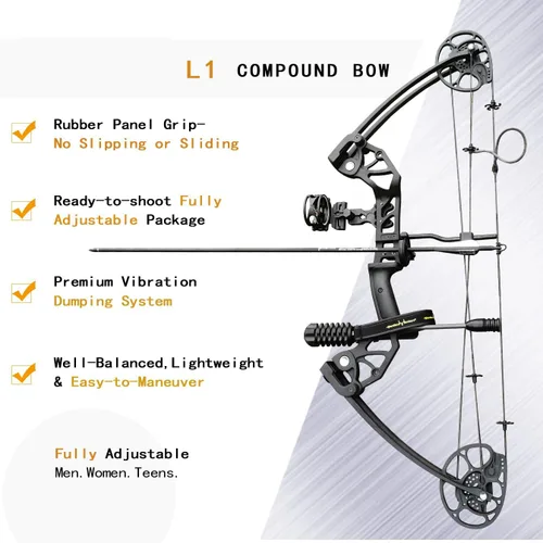 Vista 6 de Arco compuesto con peso de tracción de 0-70 libras para arqueros principiantes y de nivel intermedio, totalmente ajustable de 19.25"-31", con todos