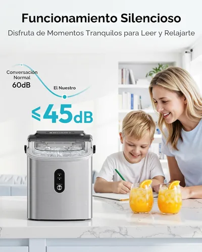 Vista 9 de EUHOMY Máquina de hielo para encimera, máquina de hielo portátil con asa de transporte, 26.5 libras por día, 9 cubos en 6 minutos, limpieza Plateado