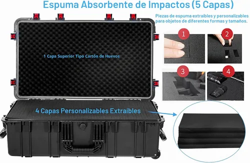 Vista 4 de Regetek Funda rígida impermeable con ruedas, espuma personalizable de 35 x 20 x 12 pulgadas, funda de transporte de equipo para cámara, dron