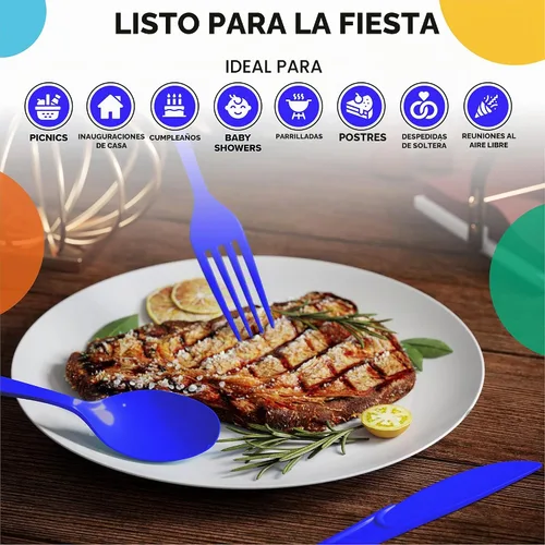 Vista 6 de Party Solids 200 piezas de cubiertos de plástico - Cubiertos desechables resistentes en azul oscuro
