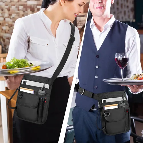 Vista 7 de Rexmica Delantal de Camarera y Servidor con Múltiples Bolsillos, Bolsa de Cintura Ajustable para Servidor, Delantal de Cintura para Camarera