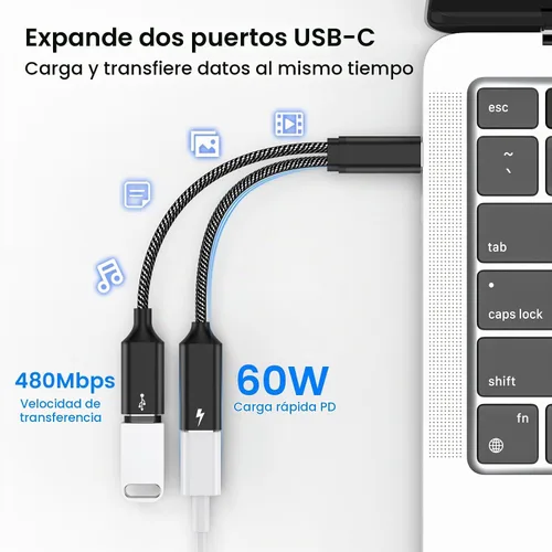 Vista 4 de MOGOOD Cable divisor USB C de 60 W, 2 en 1 USB-C macho a doble USB-C hembra, carga mientras usas auriculares, SSD, DAC o controlador, para Steam