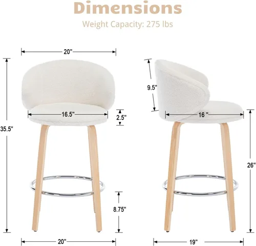 Vista 2 de HEAH-YO Juego de 2 taburetes de bar modernos de 26 pulgadas de altura de mostrador con respaldo de barril y patas de madera, taburete de cocina