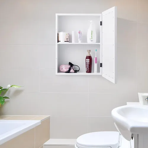 Vista 9 de GOFLAME Botiquín de baño, armario de almacenamiento con espejo de montaje en pared con una sola puerta y estante ajustable, organizador de madera