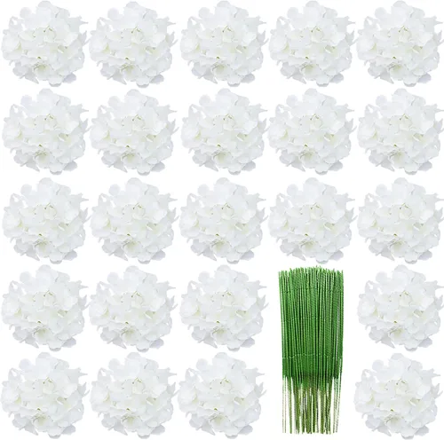 Vista 14 de HinyoCo - 28 flores artificiales de hortensias de seda, cabeza de hortensia de 7 pulgadas con tallo, utilizadas para decoración del hogar, boda Rosa