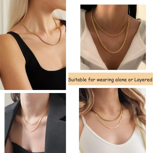 Vista 3 de FAXHION Juego de collar de cadena en capas de oro para mujer, 7 collares de gargantilla de serpiente chapados en oro de 14 quilates, collar