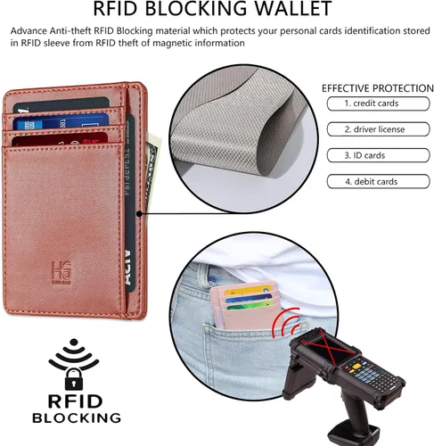 Vista 3 de Cartera delgada con bloqueo RFID para tarjetas, cartera minimalista de cuero con bolsillo frontal para mujer Slim, RFID Blocking, Minimalist, Front