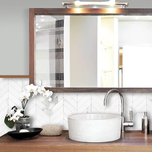 Vista 6 de STICKGOO 1 hoja de azulejos de espiga para despegar y pegar, PVC de mármol blanco para salpicaderos, azulejos de pared autoadhesivos para cocina