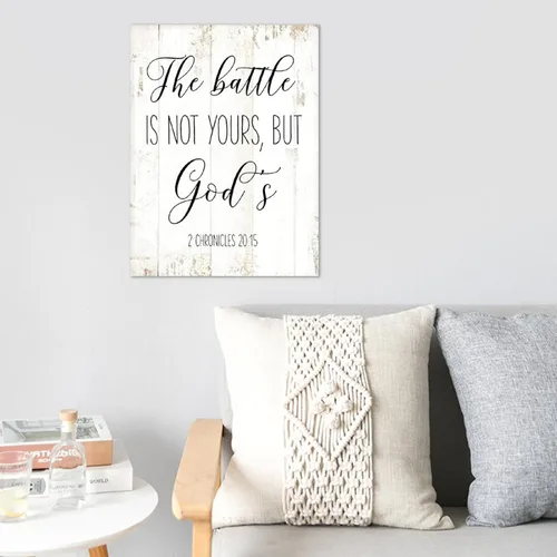 Vista 3 de Letrero de madera rústica moderno para colgar en la pared, decoración del hogar, versículos bíblicos, placa de la batalla no es tuya pero Dios