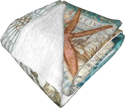 Vista 3 de Manta de felpa con aire acondicionado, diseño vintage de tortuga oceánica y estrellas de mar, mapa del mundo, ultra suave, acogedora, para cama