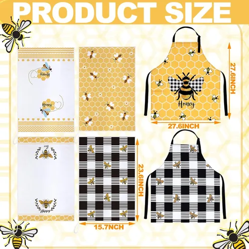 Vista 3 de Bencailor 6 Pcs Bee Sunflower Kitchen Set Include 4 Dish Towels and 2 Kitchen Aprons for Spring Summer Women Housewarming
