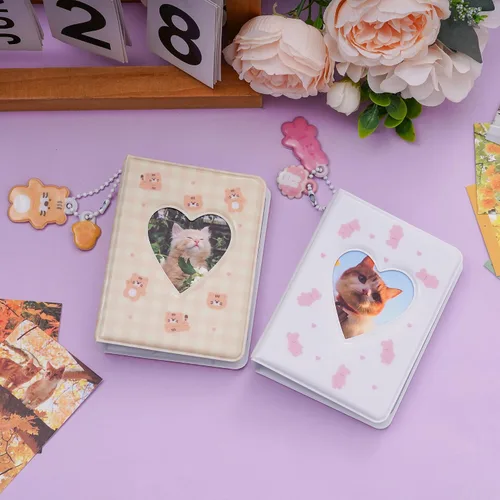 Vista 5 de Carpeta de tarjetas fotográficas de 2 piezas, mini álbum de fotos Kpop, carpeta Kpop Love Heart Hollow de 3 pulgadas, soporte para mini libro