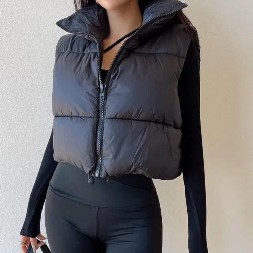 Vista 4 de KEOMUD - Chaleco corto acolchado de invierno para mujer, ligero, sin mangas, cálido, con relleno para exteriores