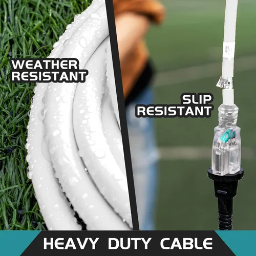 Vista 3 de Cable de extensión resistente a la intemperie con extremo iluminado, certificado UL, calibre 10, 3 pies, color blanco, 3 clavijas, resistente, cable