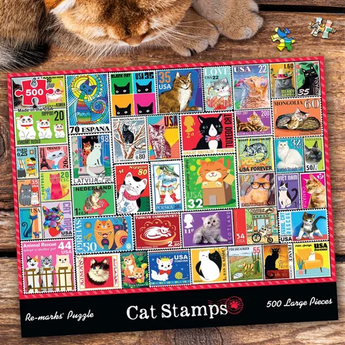 Vista 4 de Re-marks Rompecabezas de collage de sellos de gato, rompecabezas de 500 piezas grandes para todas las edades