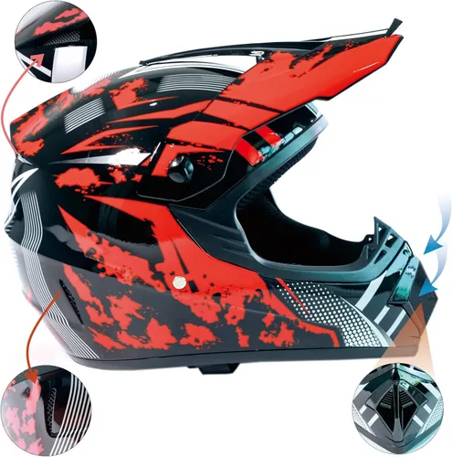 Vista 4 de Casco de motocross DOT Dirtbike ATV Motocicleta Bicicleta de Montaña Casco de cara completa con gafas y guantes, máscara rojo brillante Tormenta S