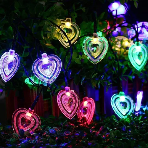 Vista 13 de Luces solares de corazón para exteriores, impermeables, de 16.4 pies, 20 luces LED, corazón de amor, día de San Valentín, 8 modos de iluminación