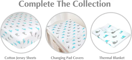 Vista 8 de American Baby Company - Paquete de cuna para bebé: cubre colchón protector, sábana a la medida y manta térmica., paquete de de 1, Ballenas turquesa