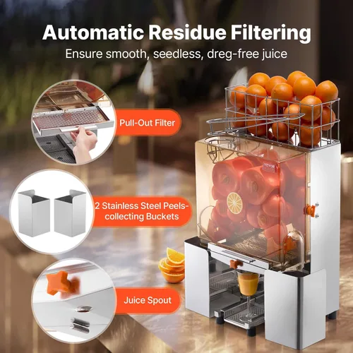 Vista 4 de VEVOR Exprimidor de naranja comercial, extractor de jugo automático de 120W, exprimidor de naranja de acero inoxidable para 20 naranjas por minuto